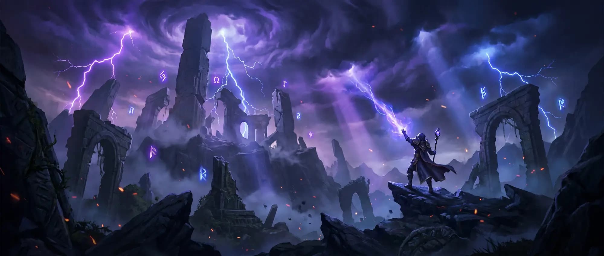 Ruínas antigas sob uma tempestade arcana de raios violeta